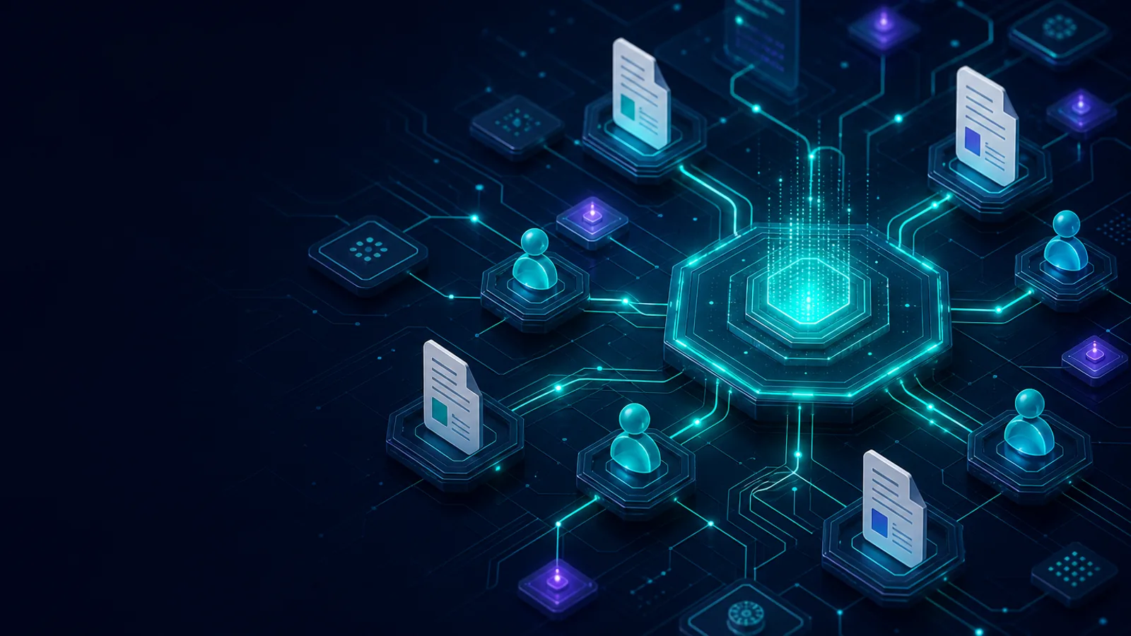 OrqForge agentic AI orchestration — intelligent agent network on dark enterprise backdrop