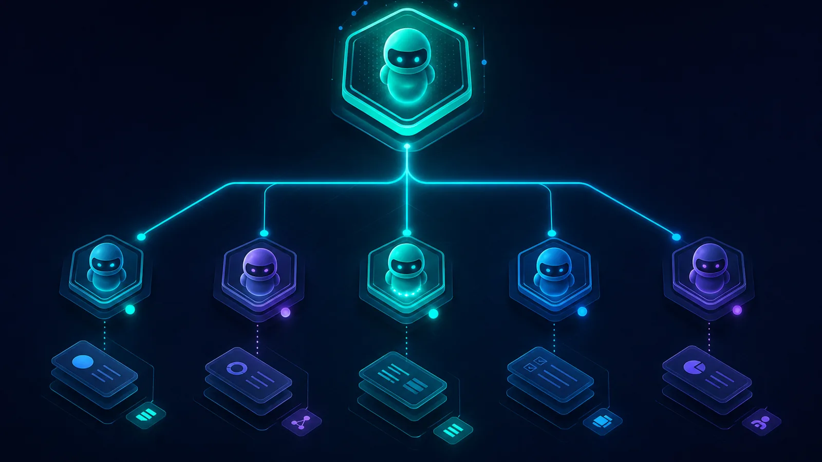 OrqForge agent hierarchy with orchestrator coordinating specialist agents in a mission tree