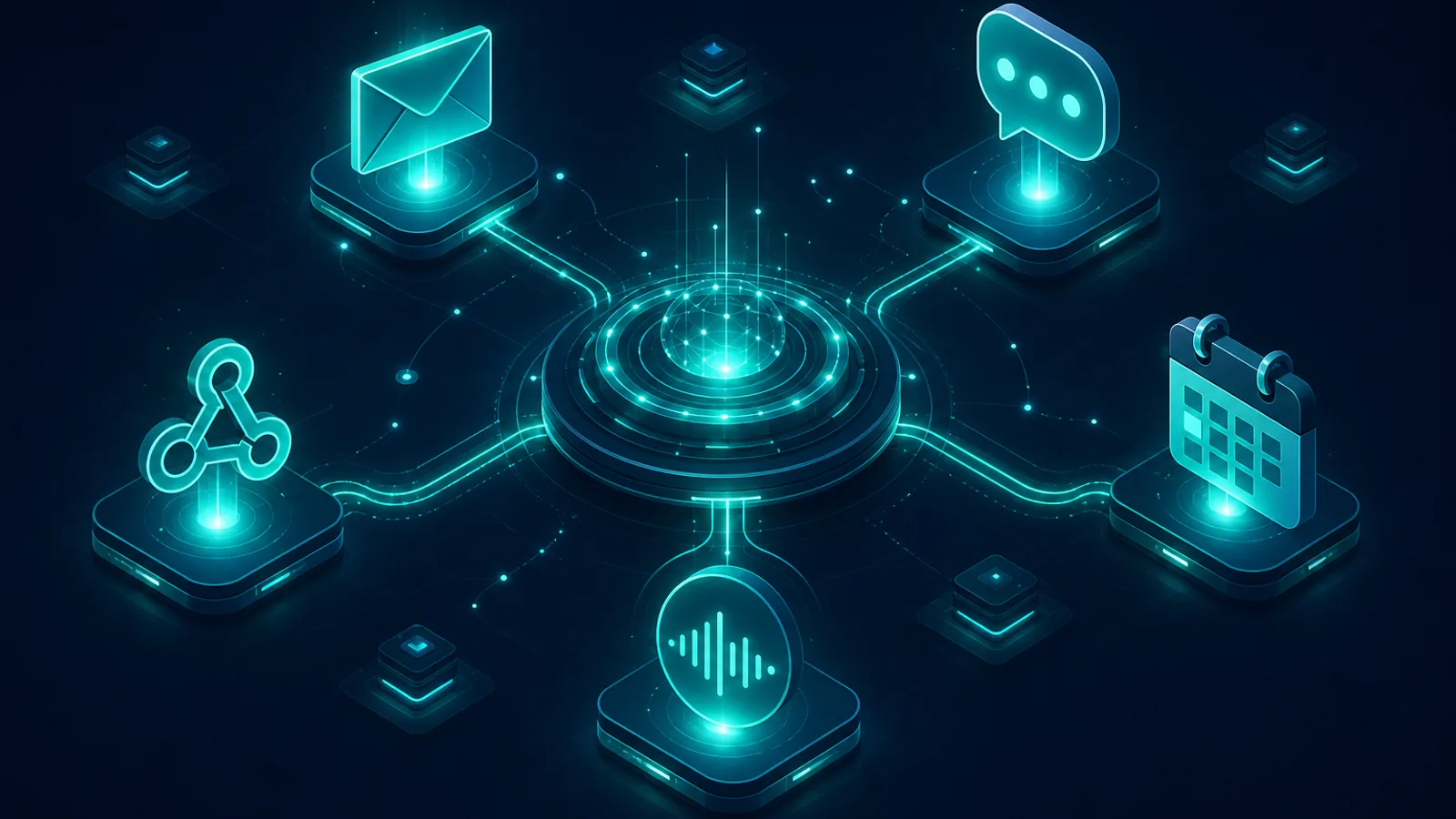 Multi-channel AI triggers converging on a central OrqForge orchestration hub